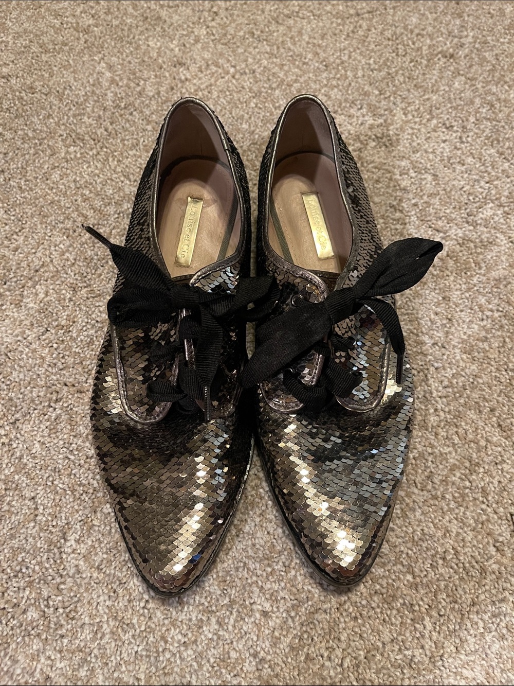 Louise et Cie Metallic Black Sequin Pointed-Toe Lace-Up Flats